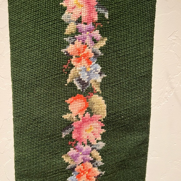 Vintage Needlepoint Green Floral & Velvet Wall Decor~Runner - Picture 4 of 10